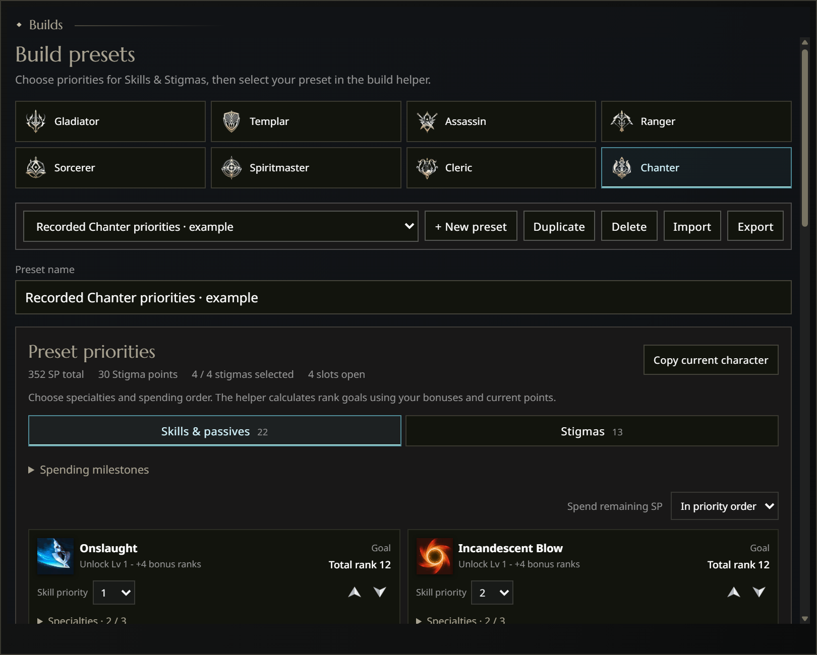 The complete native Build Presets window and editor viewport, including top controls and the native skill-list scrolling area