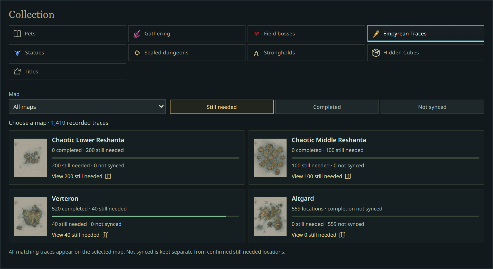 The whole native exploration overview with status filters, completion counts and all four map cards