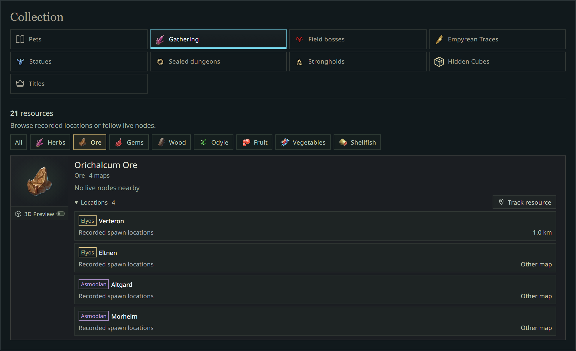 Complete gathering browser with resource filters and all Orichalcum Ore locations