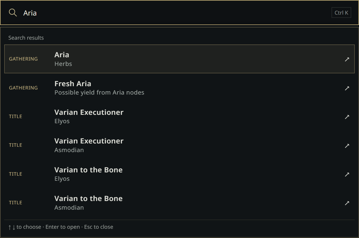 The full Companion search field and result list, including catalogue context and keyboard navigation