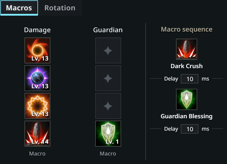 Native Macros pane with Damage and Guardian stacks, sequence and editable delays