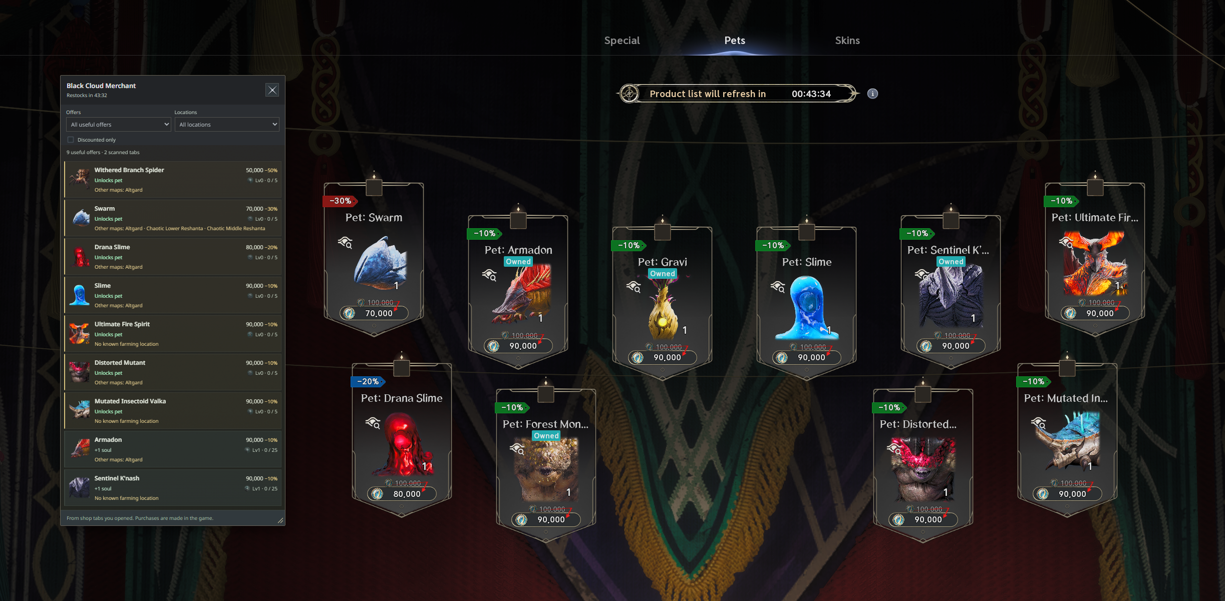The complete Black Cloud Merchant helper beside the actual in-game shop