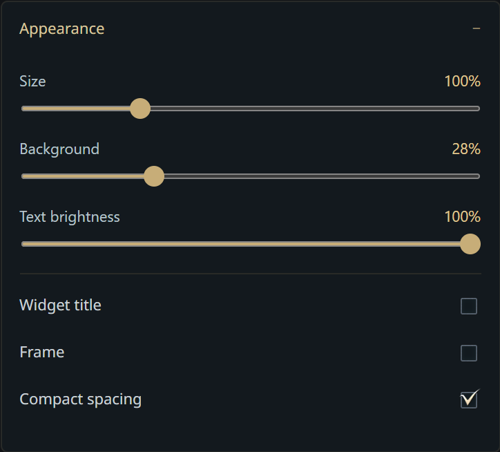 Native widget appearance controls for size, background, text, title, frame and spacing