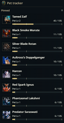 The complete Pet Tracker with pinned pets, portraits, levels and soul progress