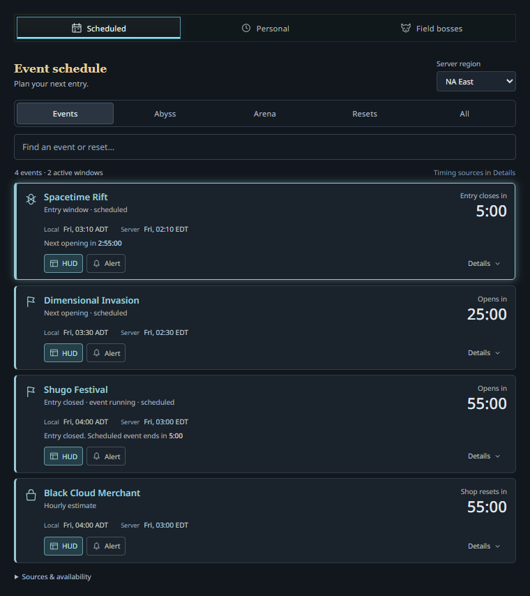 The complete native Timer menu, with event windows, region, filters and independent HUD and alert controls