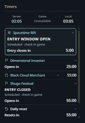 Current native timer widget with entry windows and matching category colours